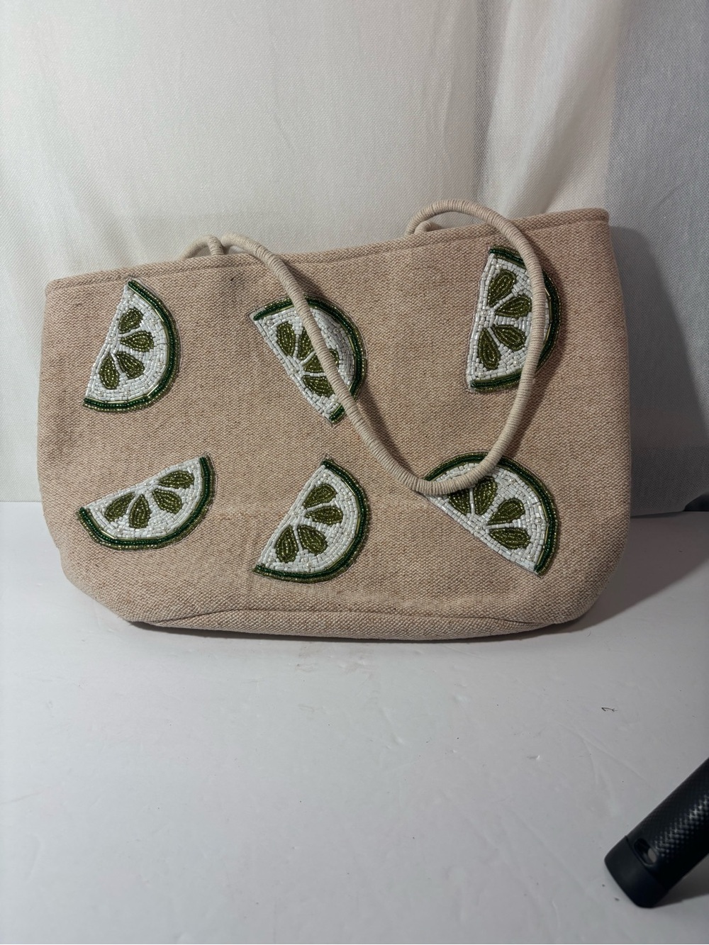 Beaded Lime Motif Handcrafted Beige Tote Bag with roped handles
